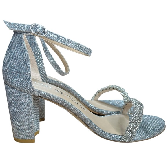 NEW Stuart Weitzman Nudist Curve 75 Block Silver Block Heels - Picture 1 of 6